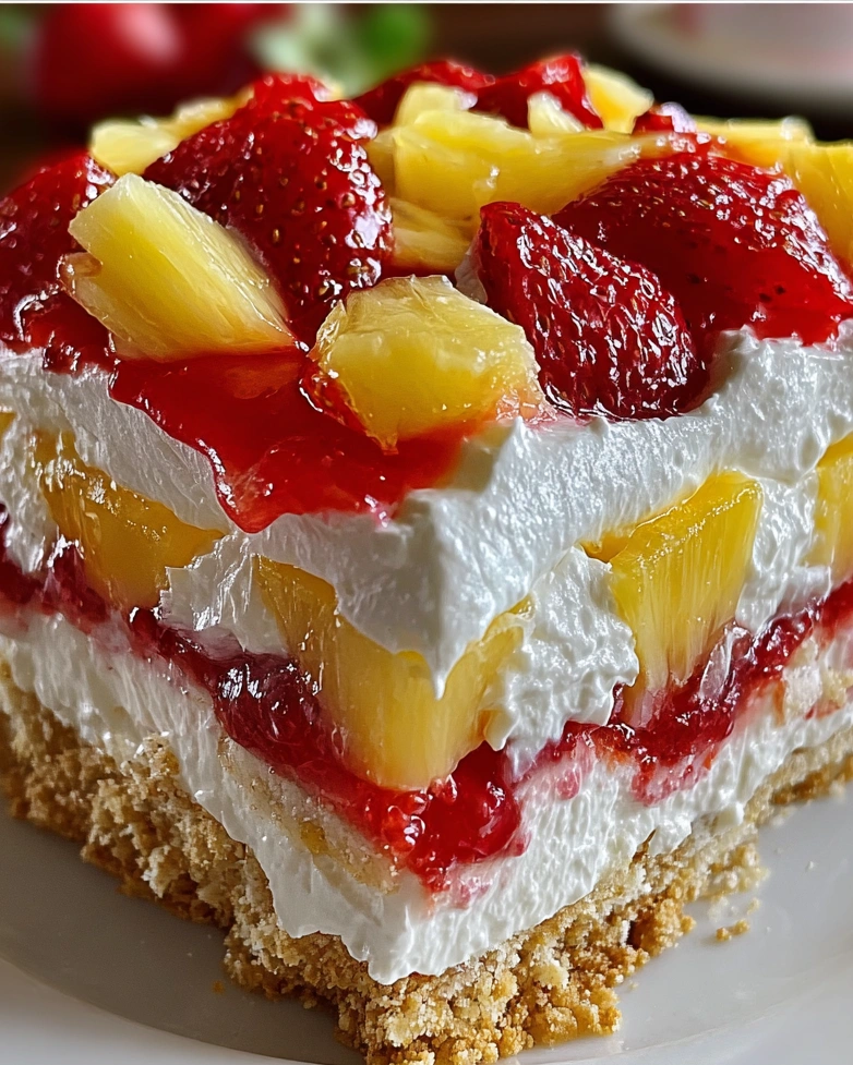 A slice of tropical no-bake strawberry split cake.
