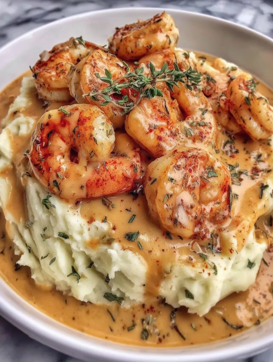 A bowl of creamy garlic shrimp over mashed potatoes.