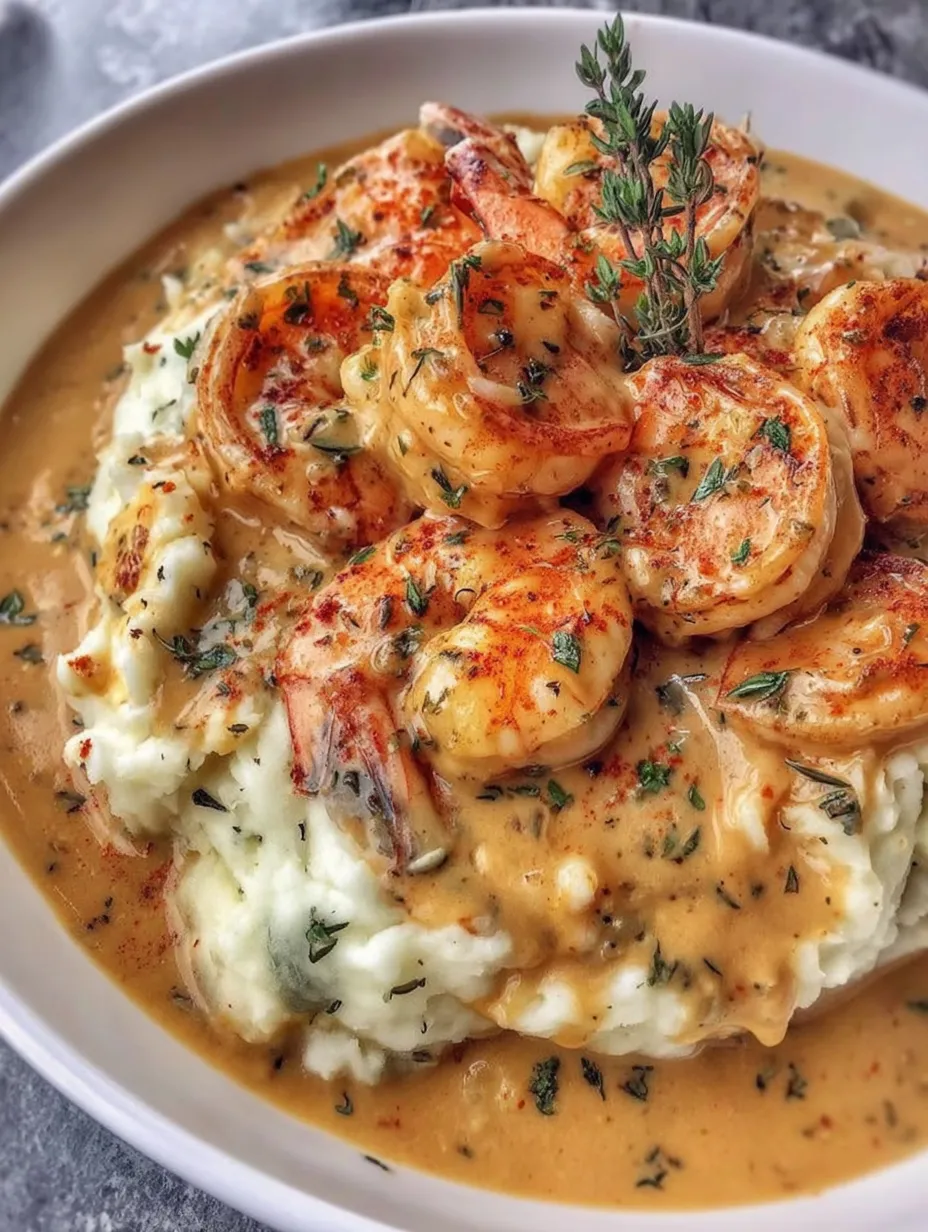 A plate of shrimp and mashed potatoes with a creamy garlic sauce.