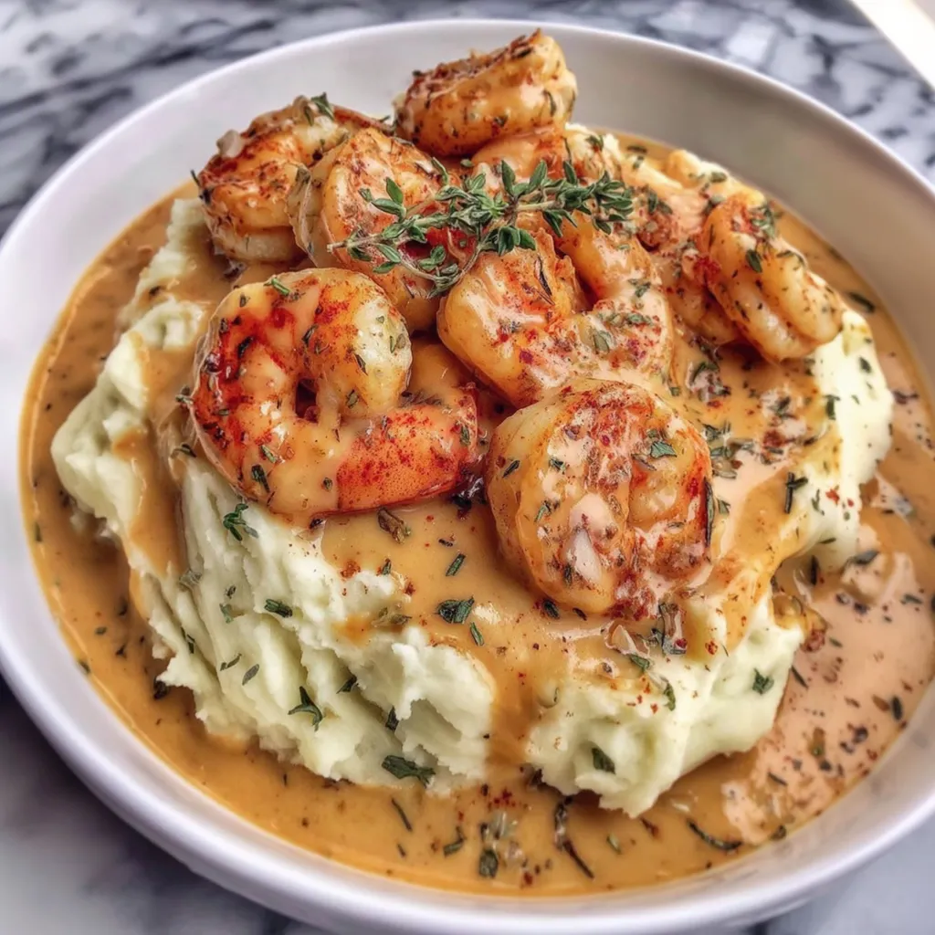 A plate of shrimp and mashed potatoes.
