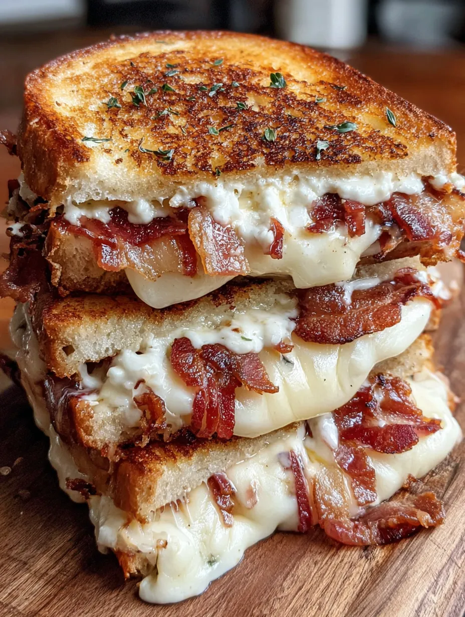 Triple cheese bacon melt on a wooden table.
