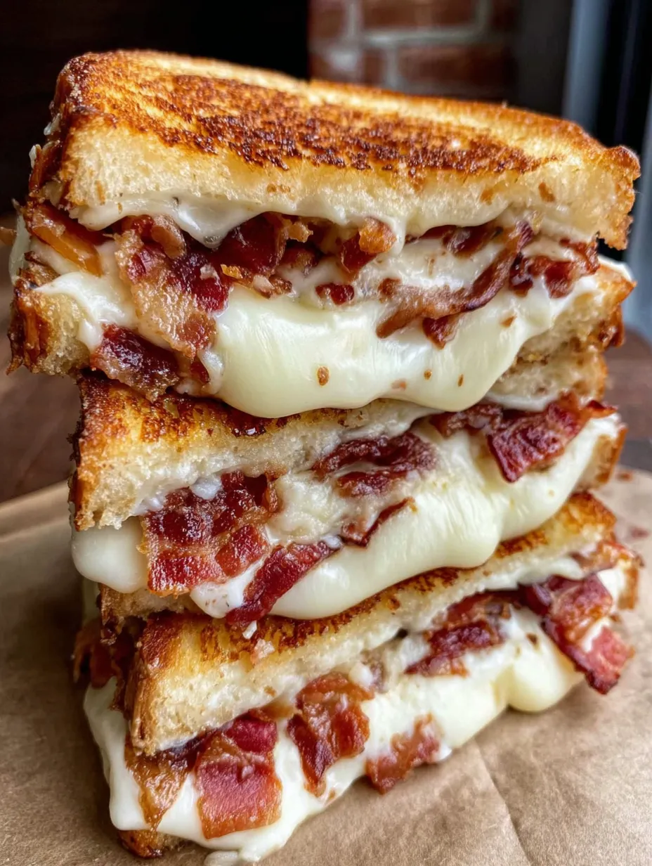 Triple cheese bacon melt stacked on top of each other.