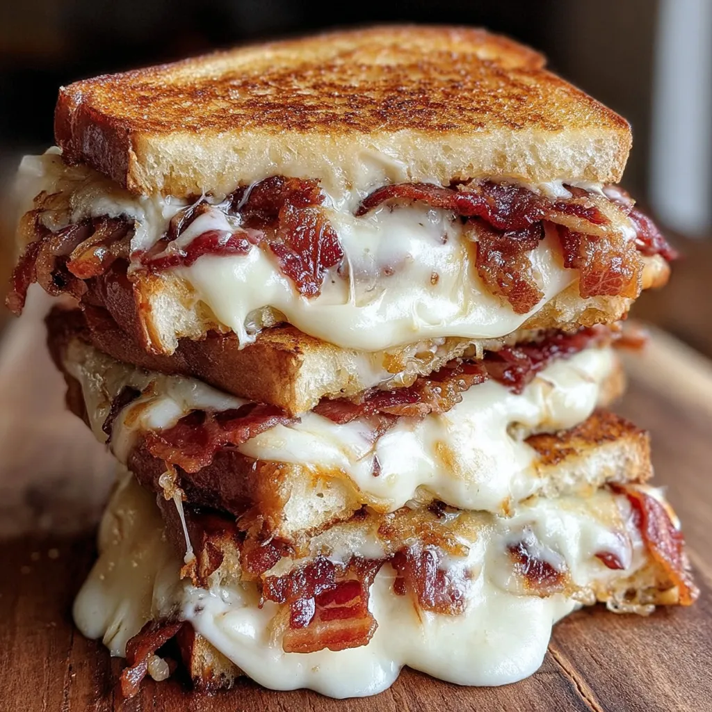 A stack of three sandwiches with cheese and bacon.