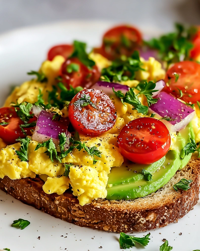 A slice of toast with eggs, tomatoes, and avocado.
