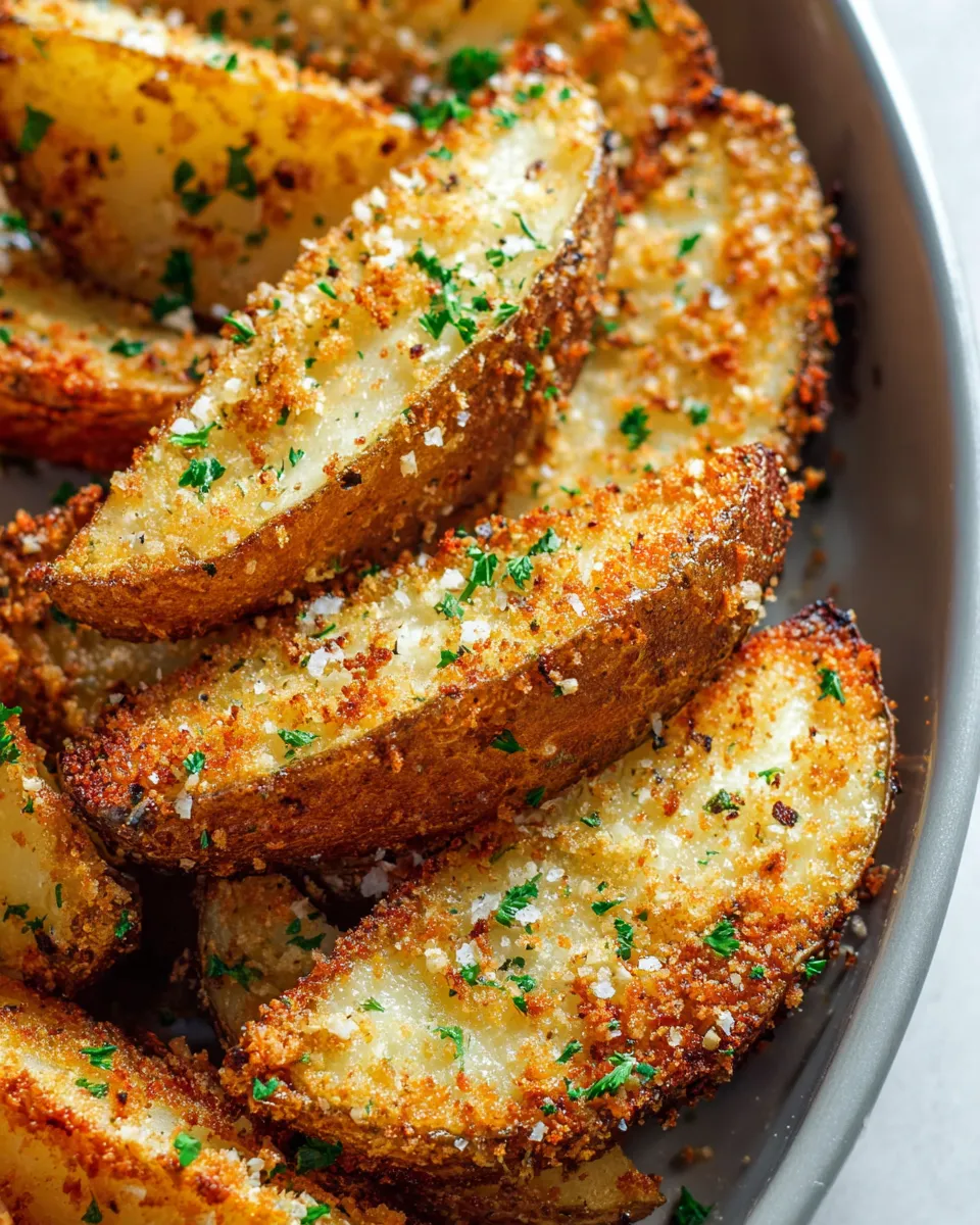 A plate of baked garlic parmesan potato wedges.