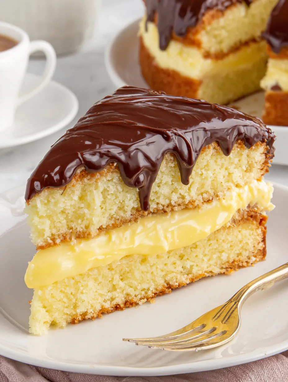 A slice of Boston Cream Pie with chocolate drizzled on top.