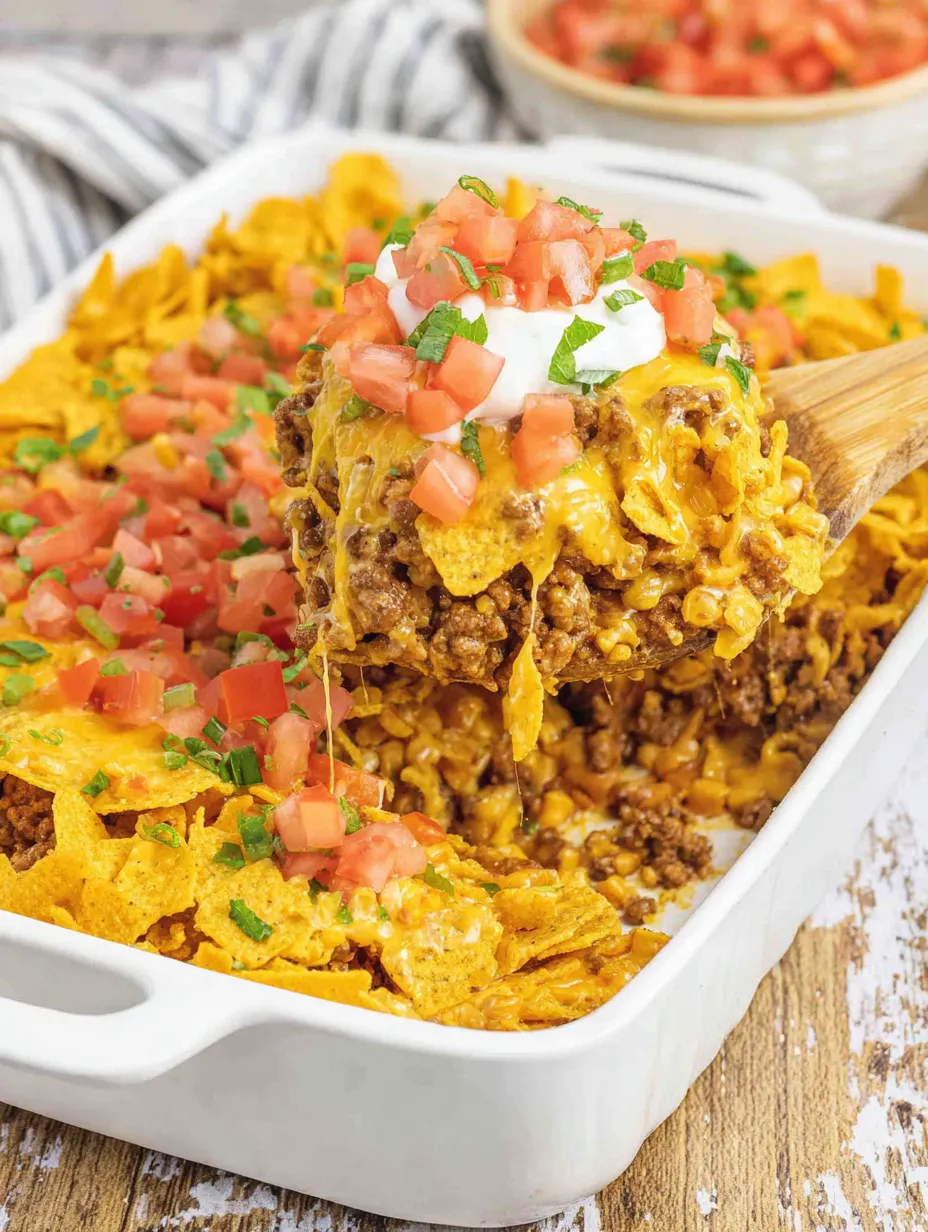 A white dish with a taco casserole in it.