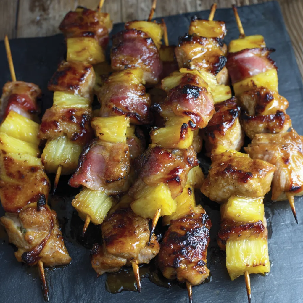 Bacon wrapped teriyaki chicken skewers on a black plate.