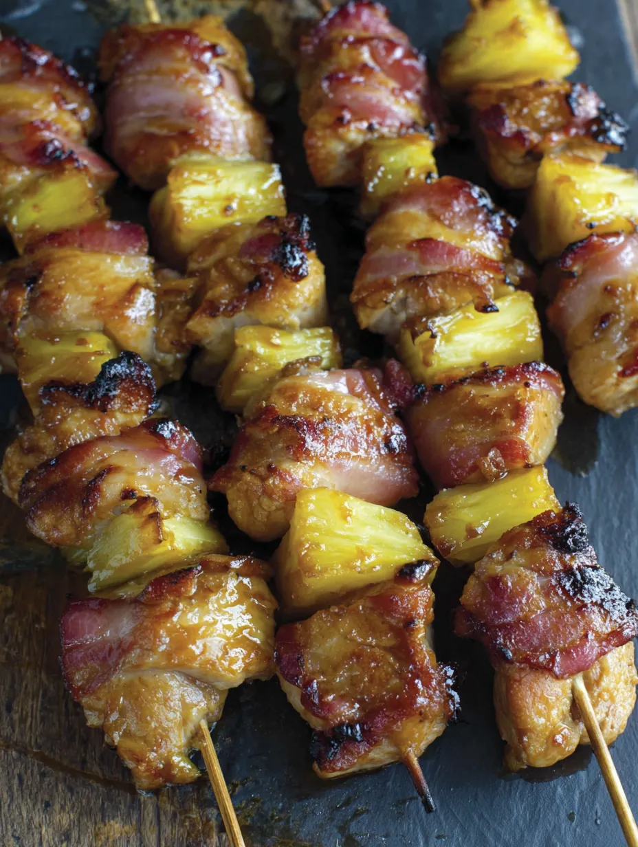 Bacon wrapped teriyaki chicken skewers.