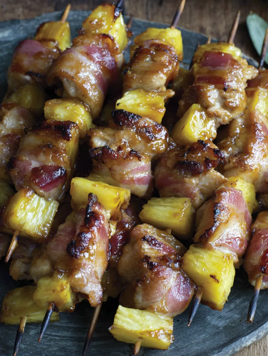 Bacon wrapped teriyaki chicken skewers.