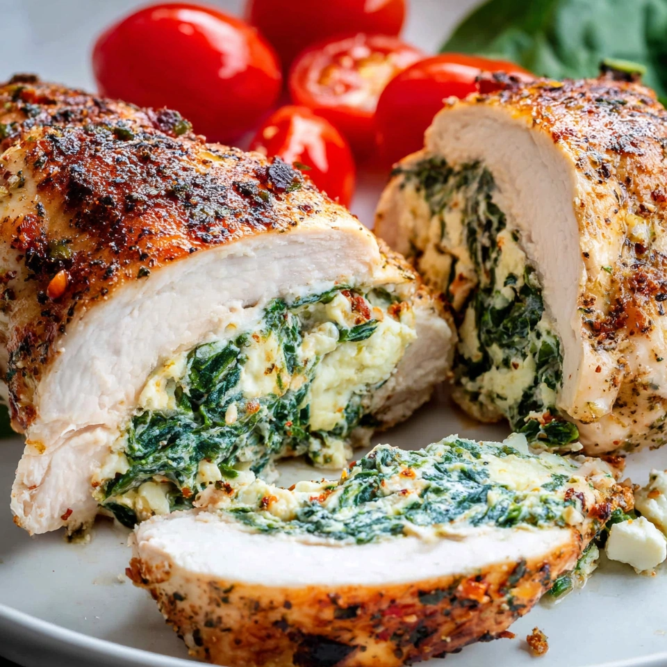 A piece of chicken with spinach and cheese stuffed inside.