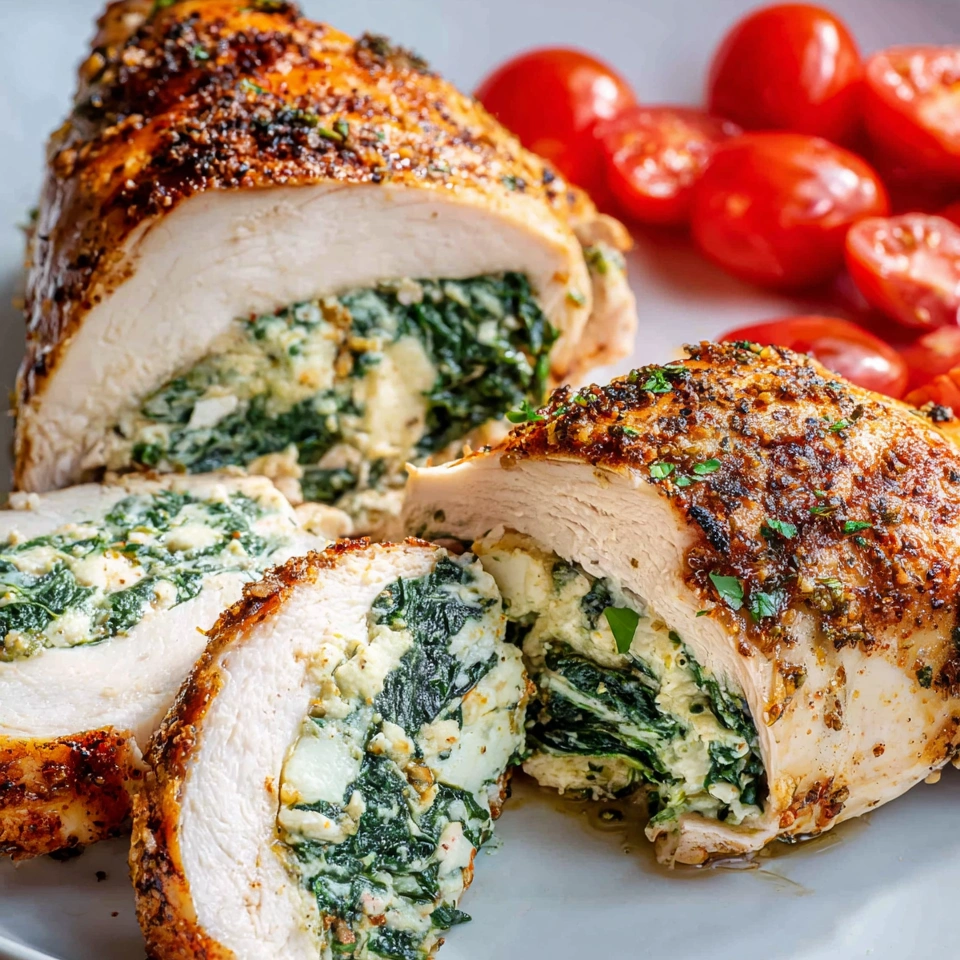 A plate of chicken with spinach and cheese stuffing.