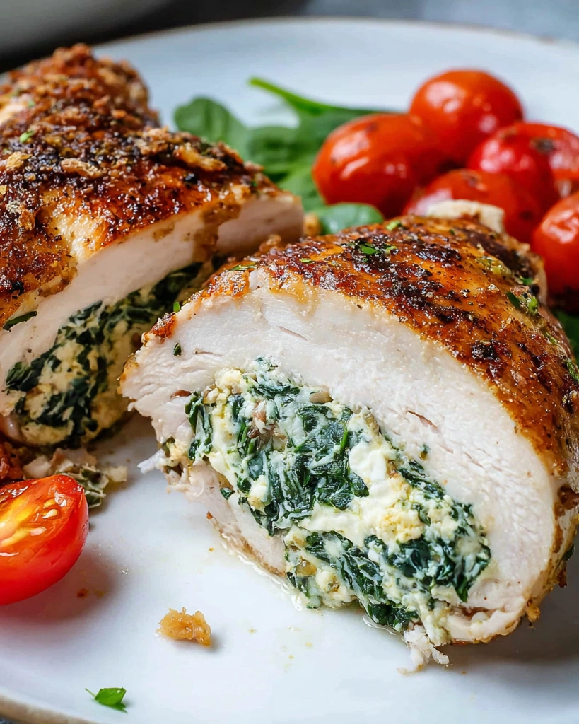 A stuffed chicken breast with spinach and cheese.