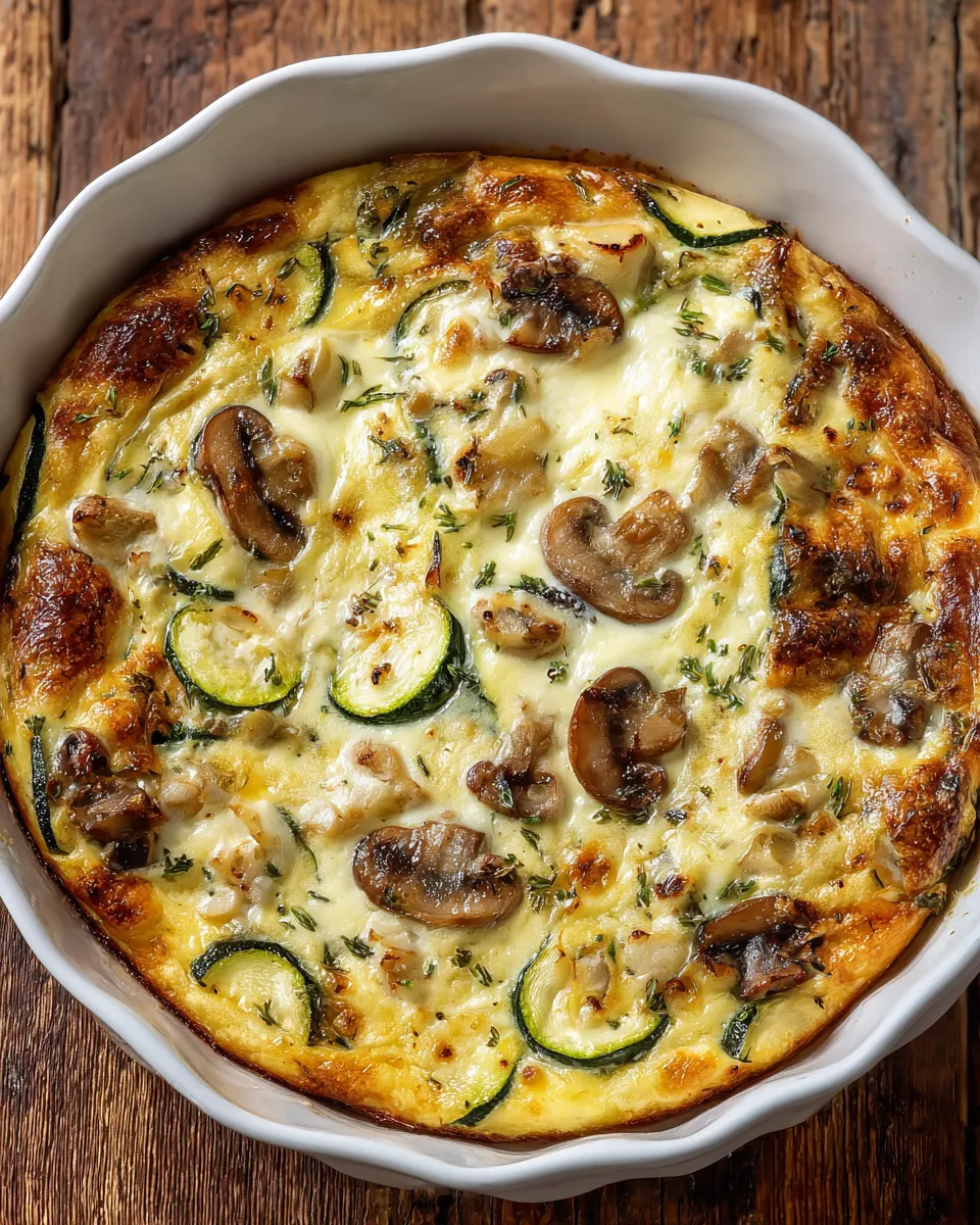 A baked dish with mushrooms and zucchini.