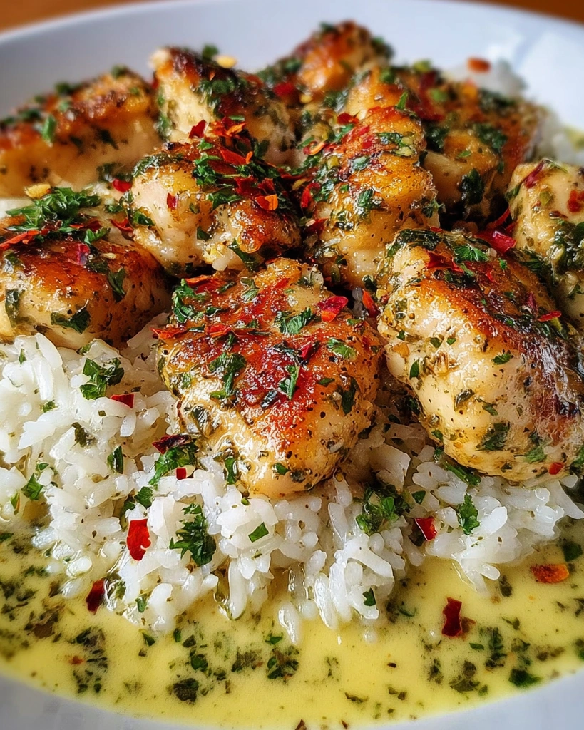 A plate of chicken scampi with creamy garlic rice.