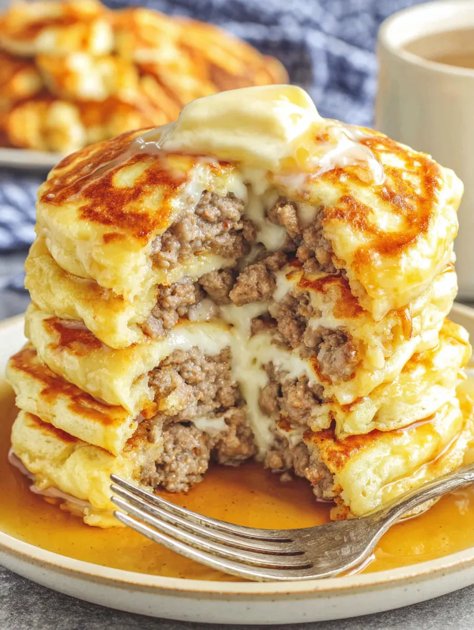 A stack of sausage dipped pancakes.