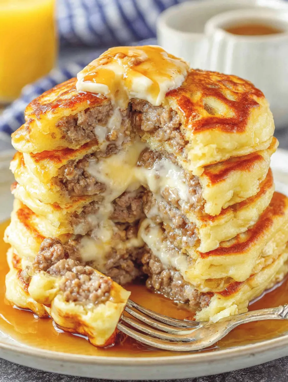 A stack of sausage dipped pancakes.