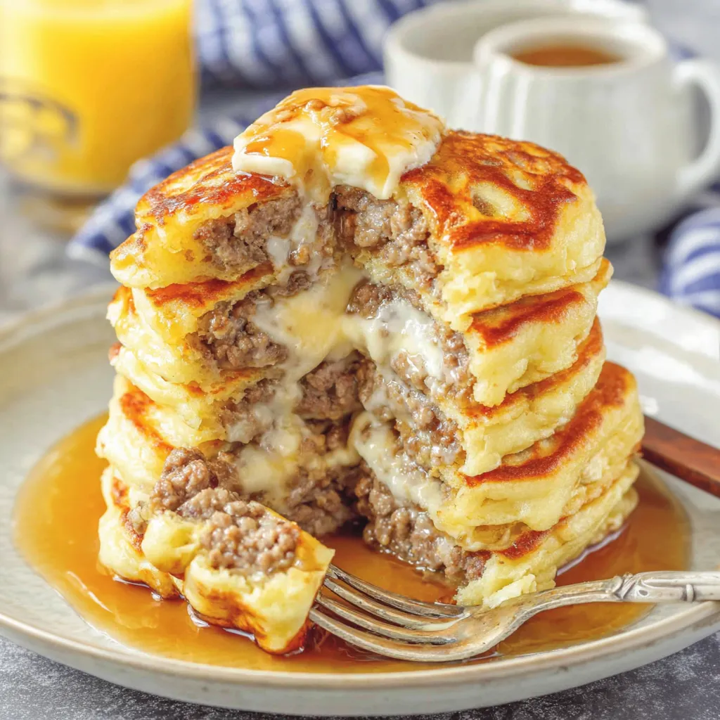 A stack of sausage dipped pancakes.