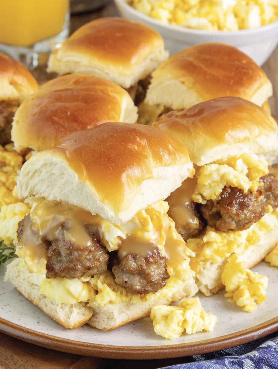 Sausage breakfast sliders on a plate.