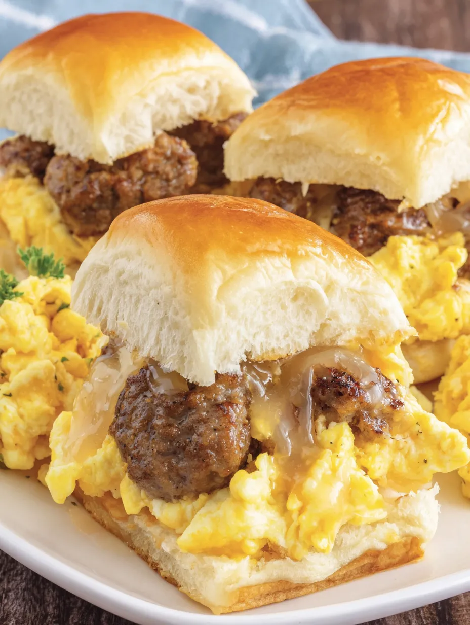 Sausage breakfast sliders on a plate.