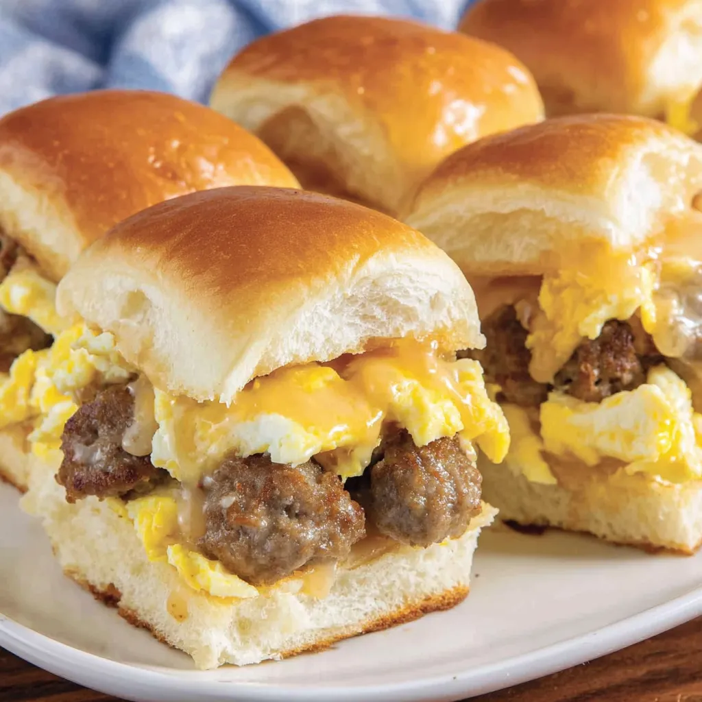 Sausage breakfast sliders on a plate.