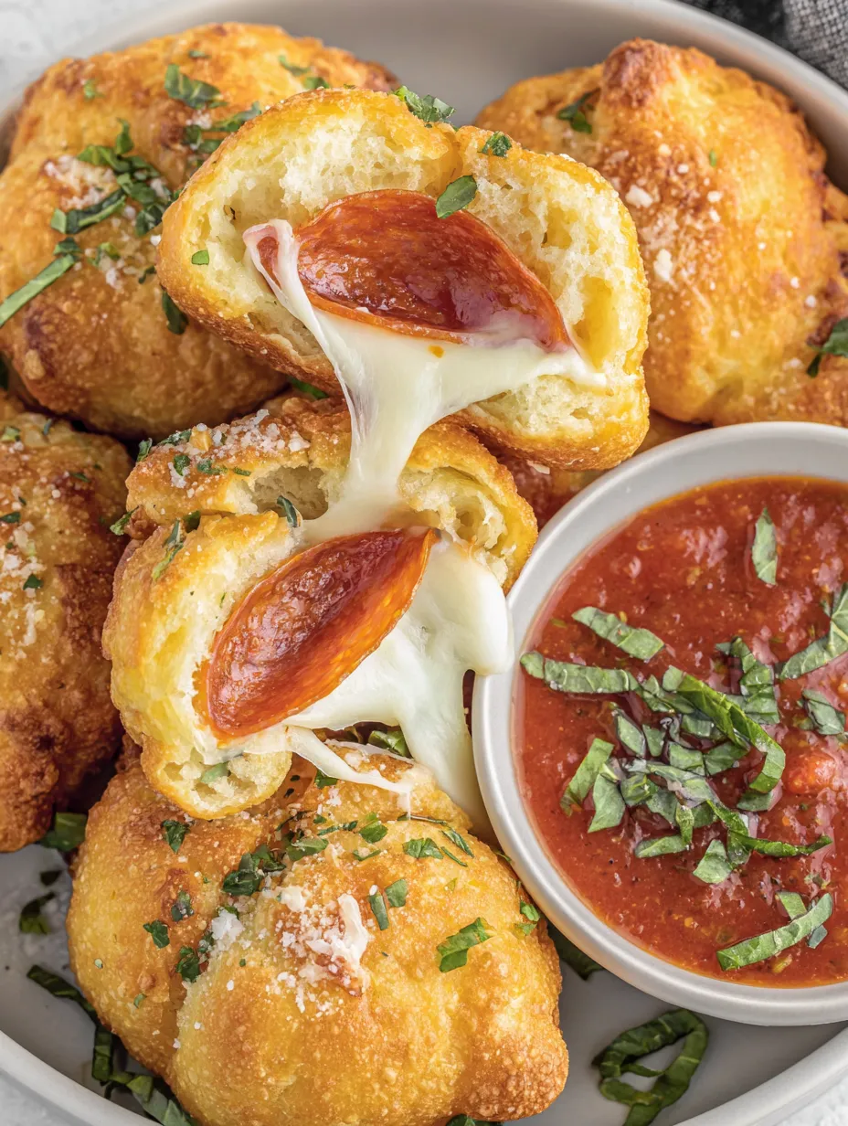 A bowl of pizza sauce with a spoon and a plate of pizza bombs.