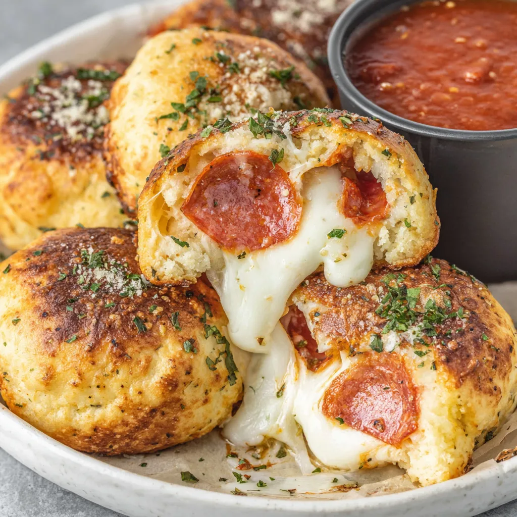 A plate of pizza bombs with cheese and pepperoni.