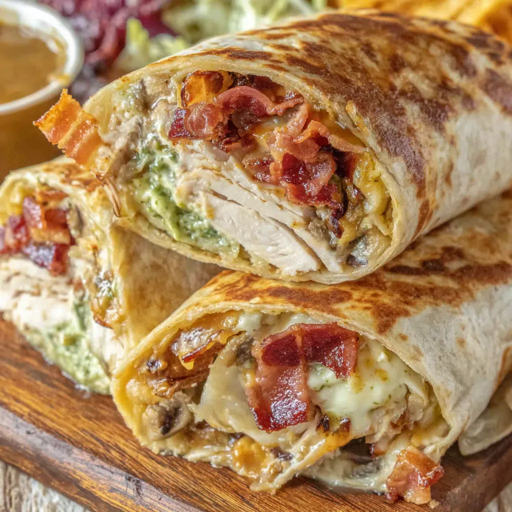 A Turkey Applejack Wrap is cut in half and placed on a wooden cutting board.