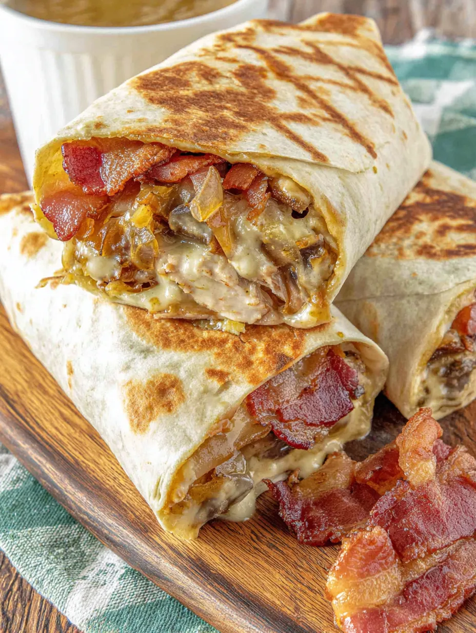 A turkey applejack wrap is on a wooden table.
