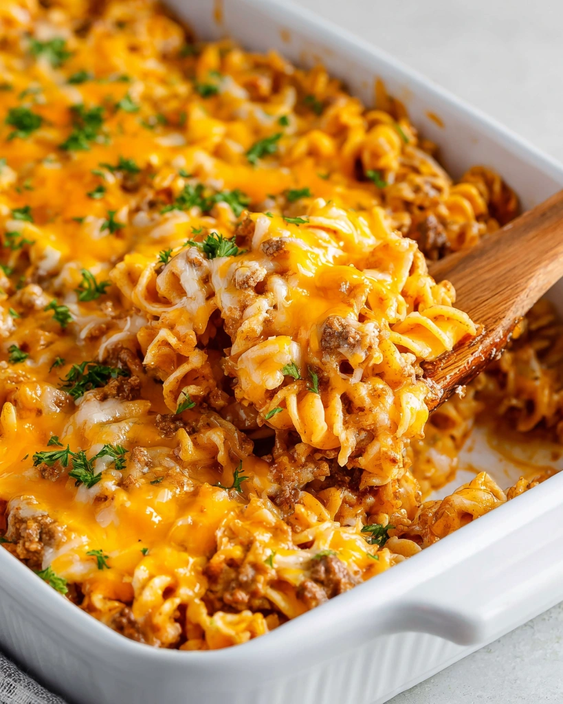 A beef noodle casserole with a wooden spoon in it.