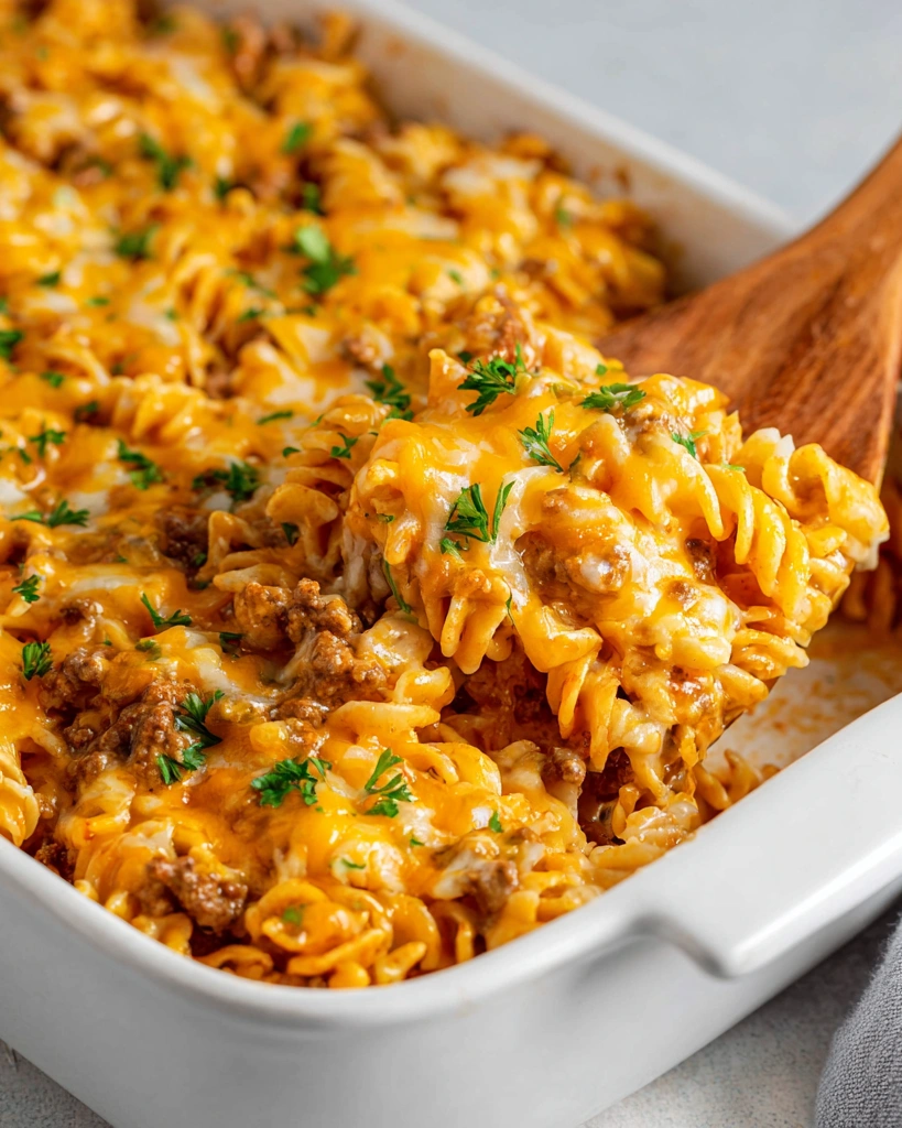 A beef noodle casserole in a white dish.