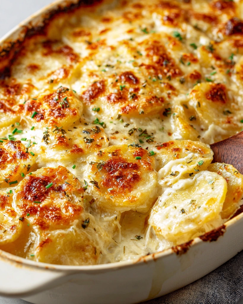 A dish of garlic Parmesan scalloped potatoes.