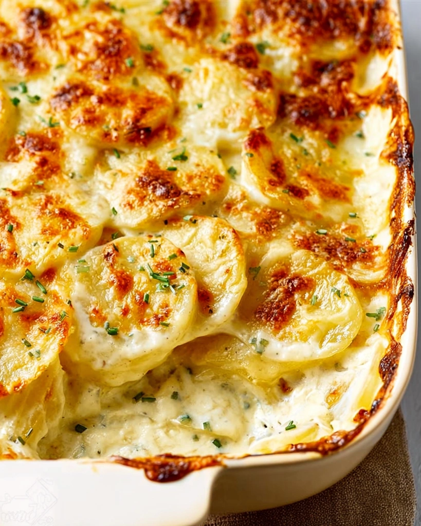 A dish of garlic Parmesan scalloped potatoes.