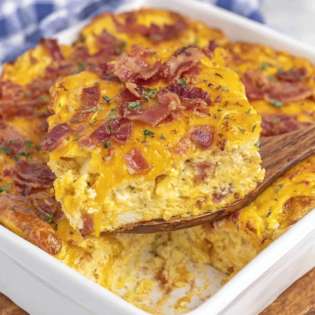 A white plate with a slice of bacon and cheese casserole.