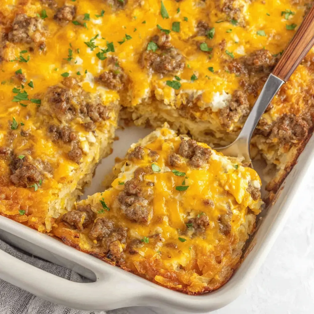 A slice of a casserole with meat and cheese.