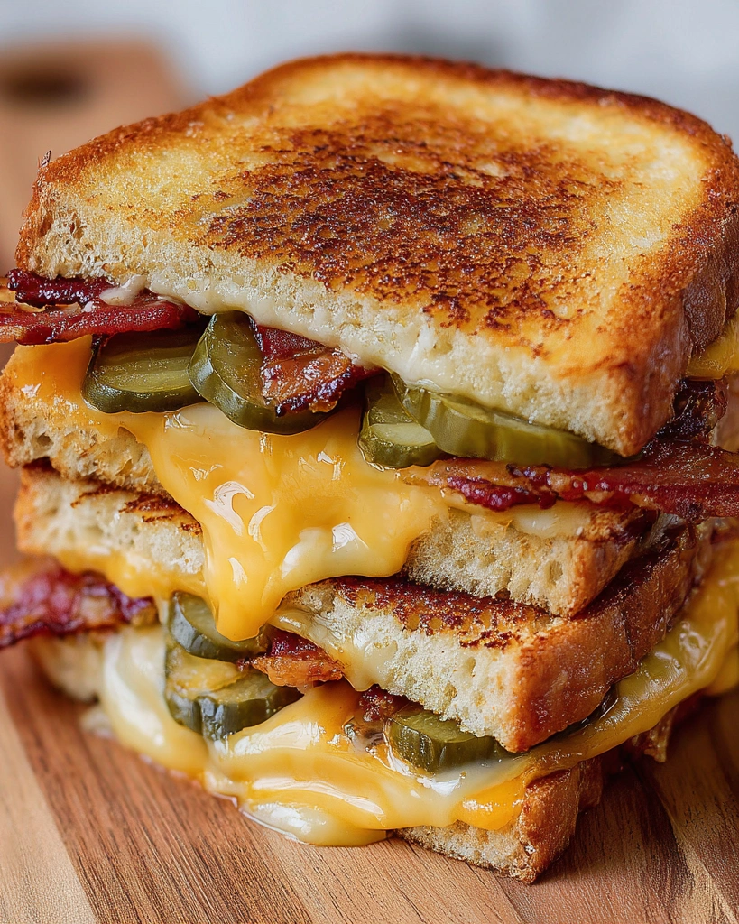 A sandwich with pickles and bacon.