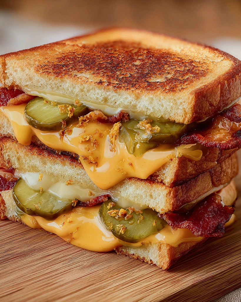 A sandwich with bacon, cheese, and pickles.