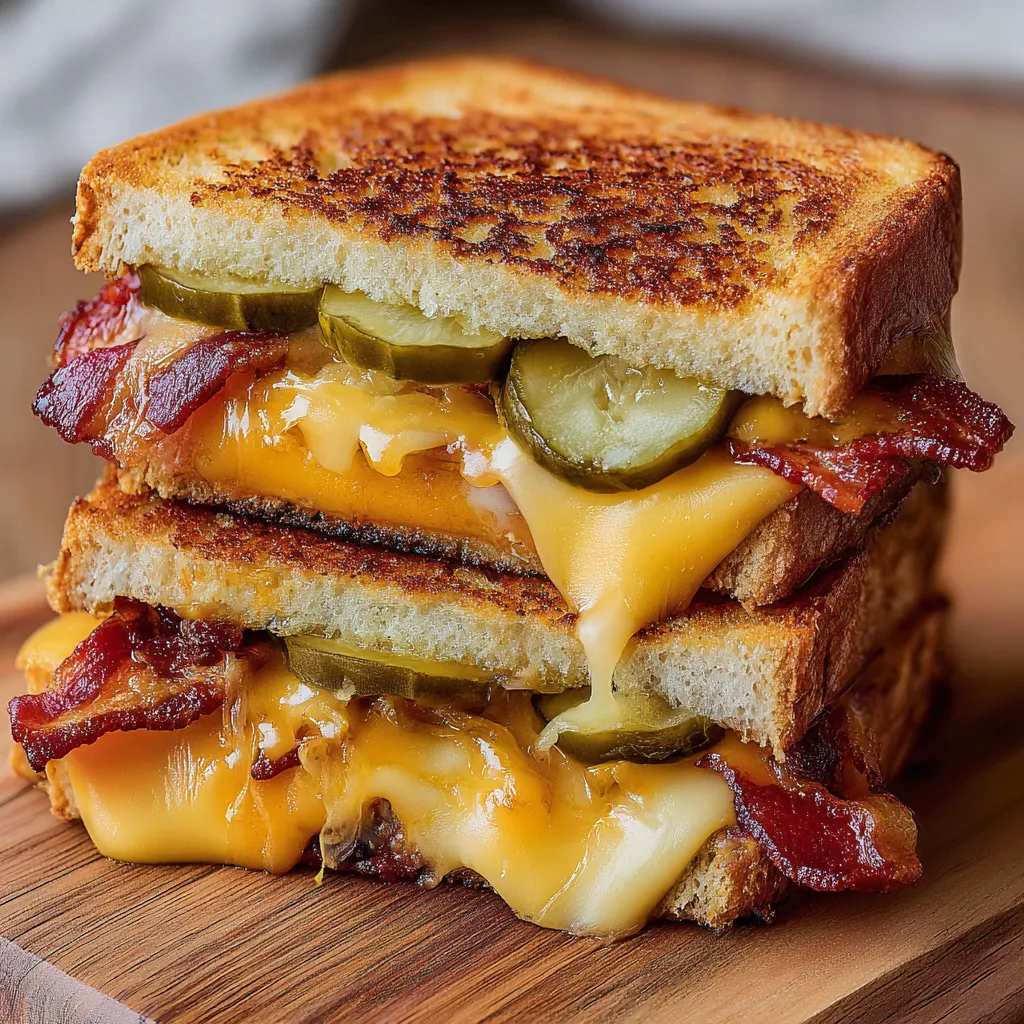 A grilled cheese sandwich with pickles and bacon.