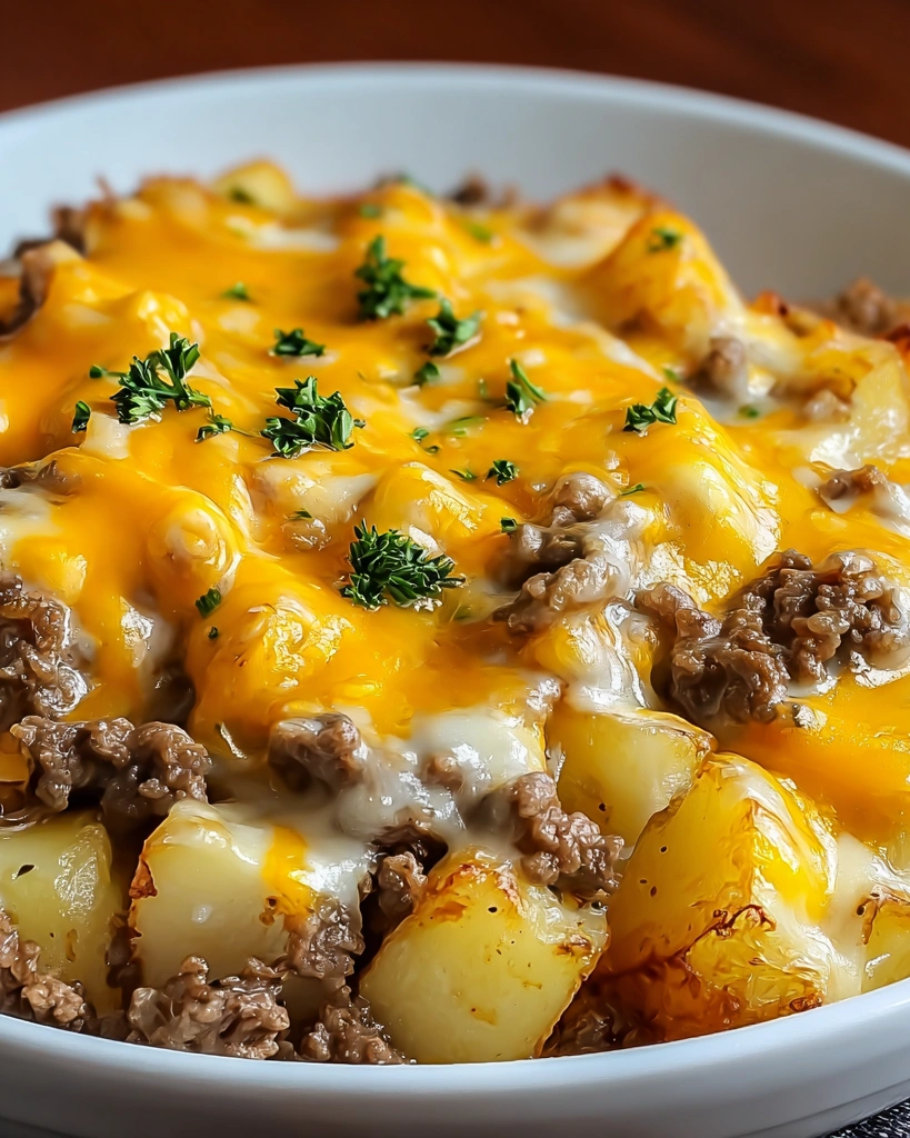 A bowl of ground beef casserole.