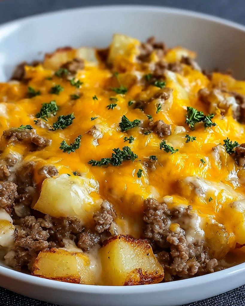 A bowl of ground beef casserole.