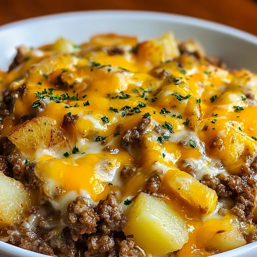 A bowl of ground beef casserole.