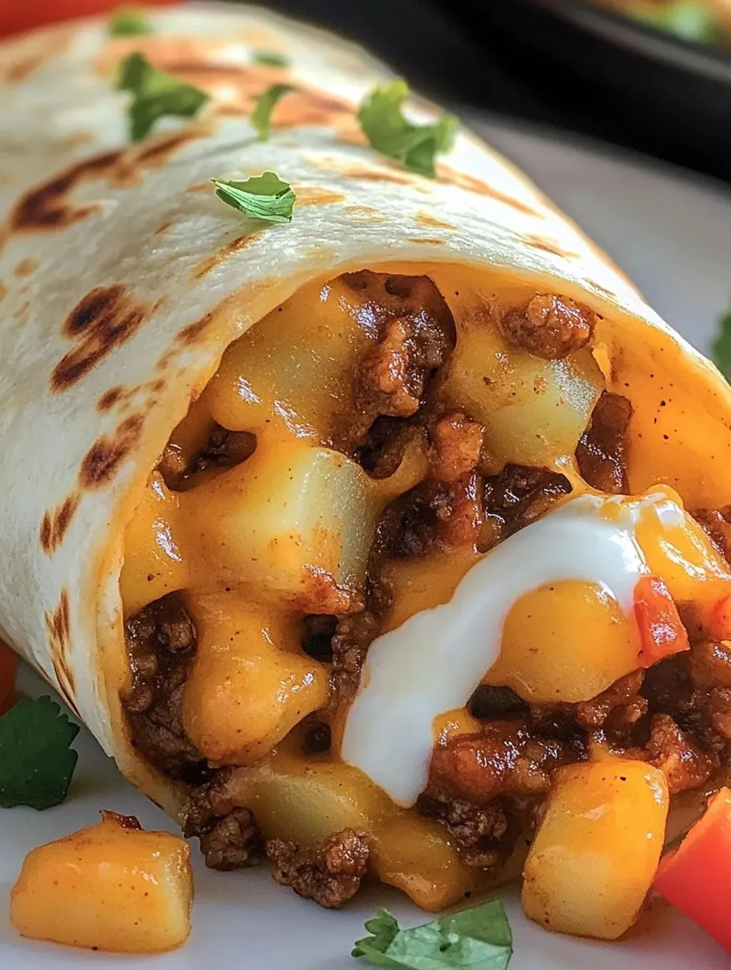 A cheesy potato burrito with a dollop of sour cream on top.