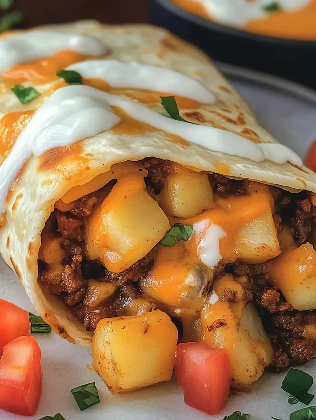 A cheesy potato burrito with a white sauce.
