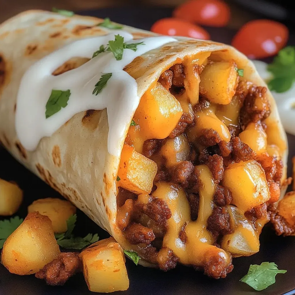 A cheesy potato burrito on a plate.