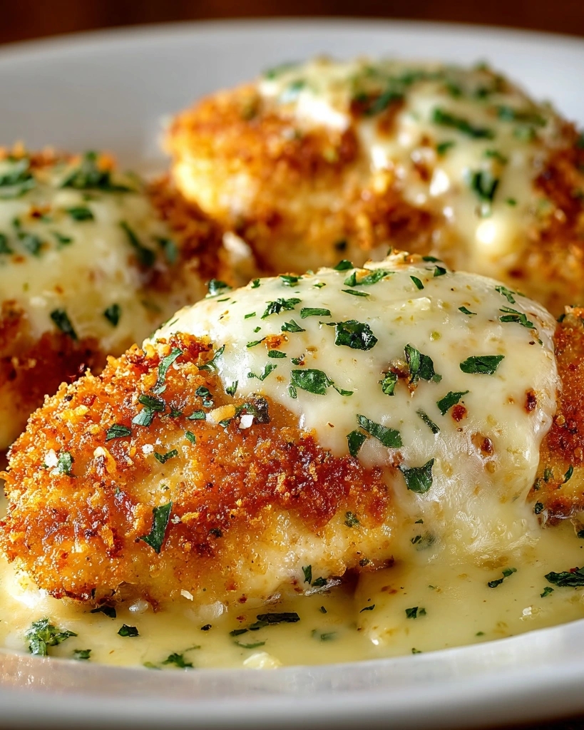 Parmesan chicken with cheese and herbs.