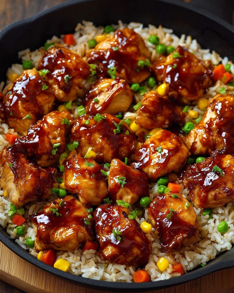A plate of rice and chicken with a sauce.