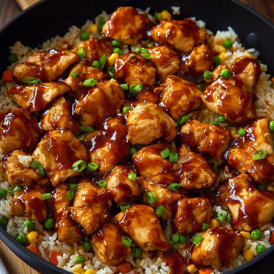 A plate of rice and chicken with sauce.