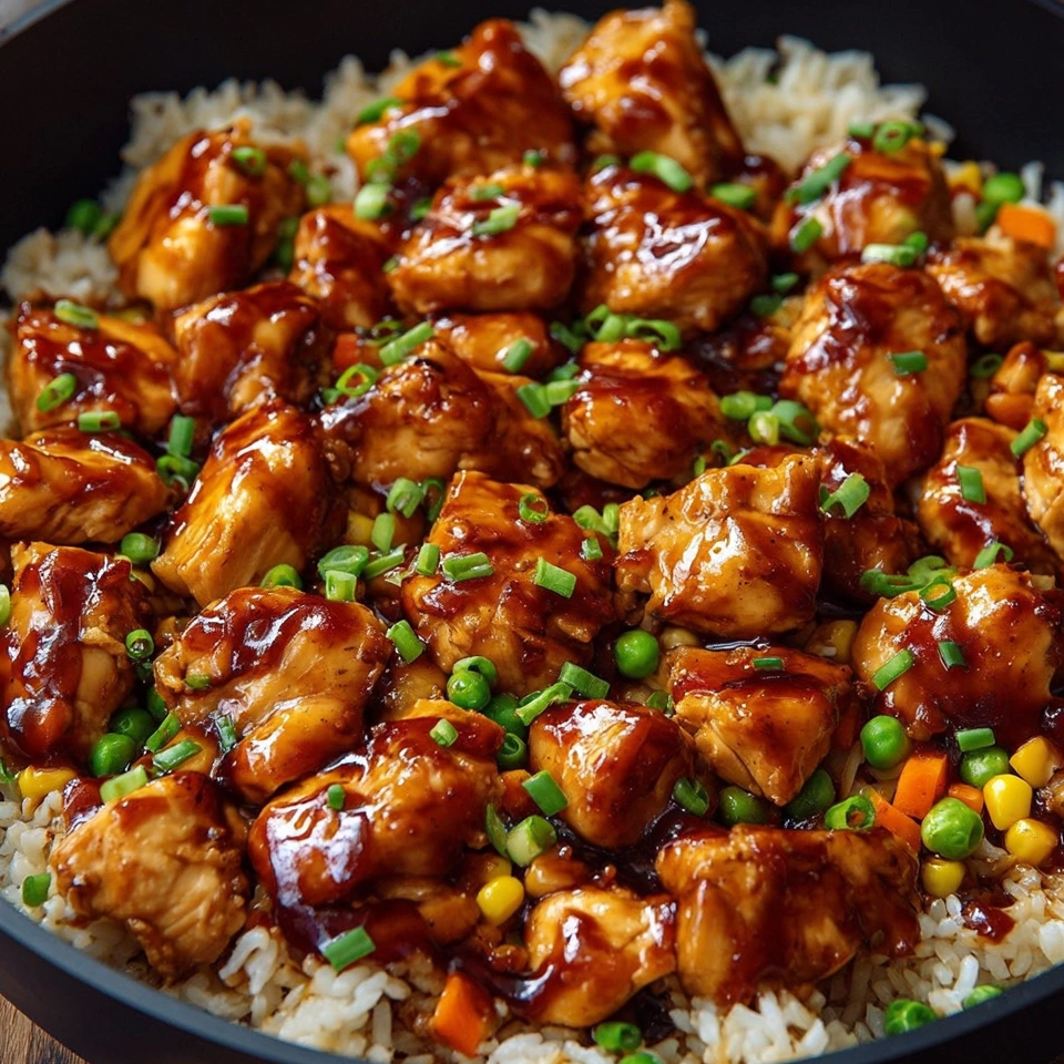A plate of food with rice and chicken.