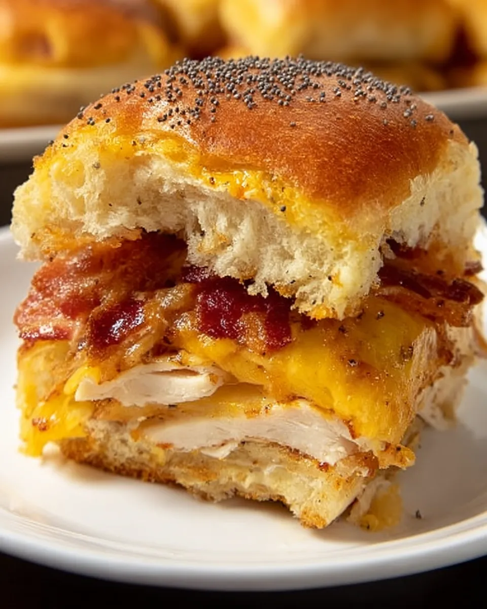 A chicken bacon and ranch slider on a white plate.