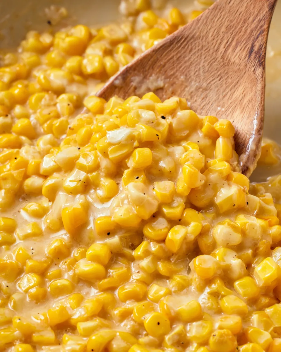 A wooden spoon in a bowl of corn.